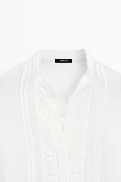 Massimo Dutti Stand Collar Blouse With Embroidery And Ruffles In White