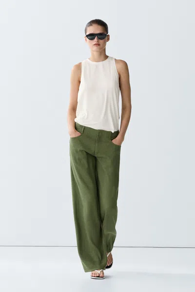 Massimo Dutti Straight Leg Linen Blend Pants In Green