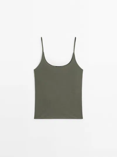 Massimo Dutti Strappy 100% Silk Top In Khaki