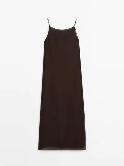 Massimo Dutti Strappy Dress With Semi-sheer Details In Chocolate
