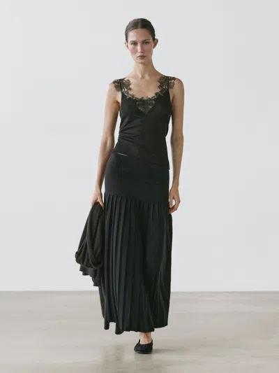 Massimo Dutti Strappy Knit Top With Lace Trim Detail In Black