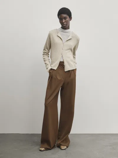 Massimo Dutti Buttoned Knit Cardigan With Plated Finish In Beige