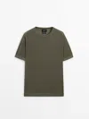 Massimo Dutti Knit Short Sleeve Linen Sweater In Pale Khaki