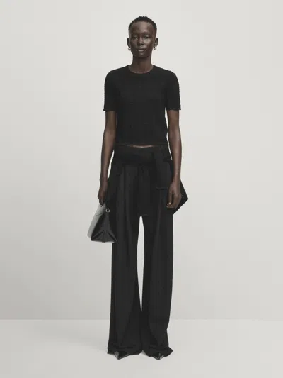 Massimo Dutti Short Sleeve Ribbed Knit Sweater -studio In Schwarz