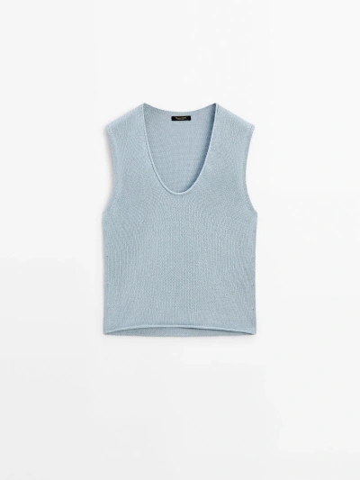 Massimo Dutti Knit Top With Neckline Detail In Sky Blue