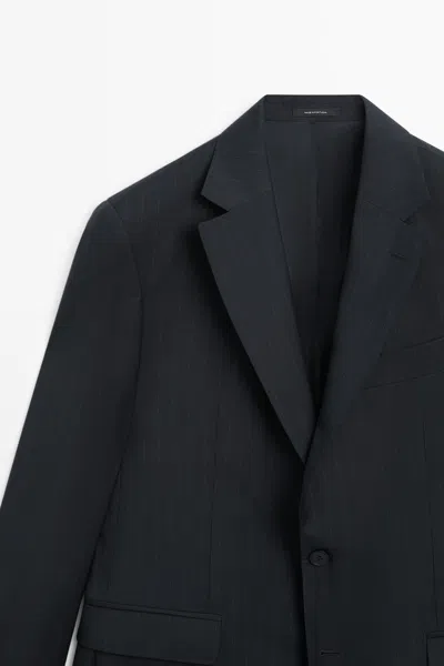 Massimo Dutti Striped 100% Cool Wool Suit Blazer In Black