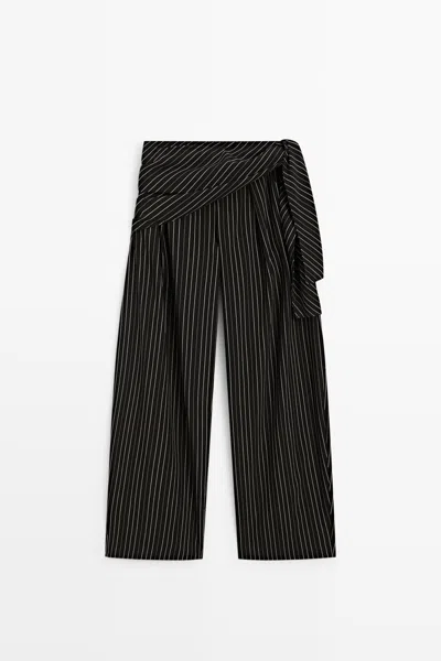 Massimo Dutti Striped Barrel Fit Pants With Scarf Detail In Black