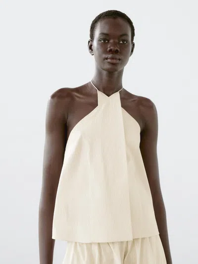 Massimo Dutti Striped Cotton Blend Halter Top In Neutral