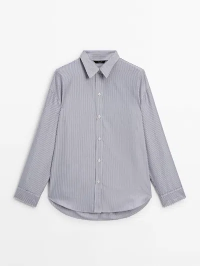 Massimo Dutti Striped Cotton Oxford Shirt In White