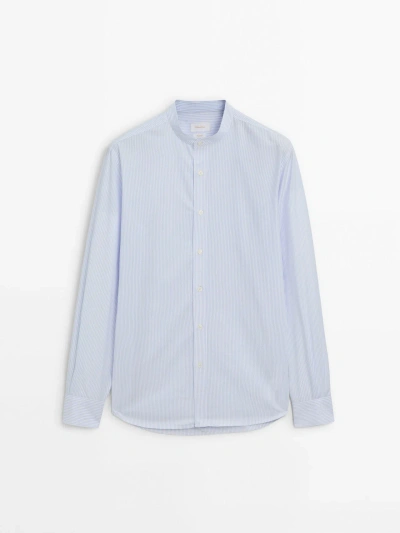 Massimo Dutti Striped Cotton Shirt With Stand Collar In Sky Blue