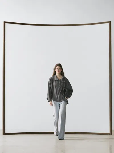 Massimo Dutti Camicia Morbida A Righe Con Dettaglio Sul Collo In Gray