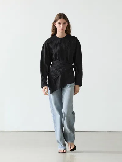 Massimo Dutti Striped Flowing Shirt With Scarf Detail In Black