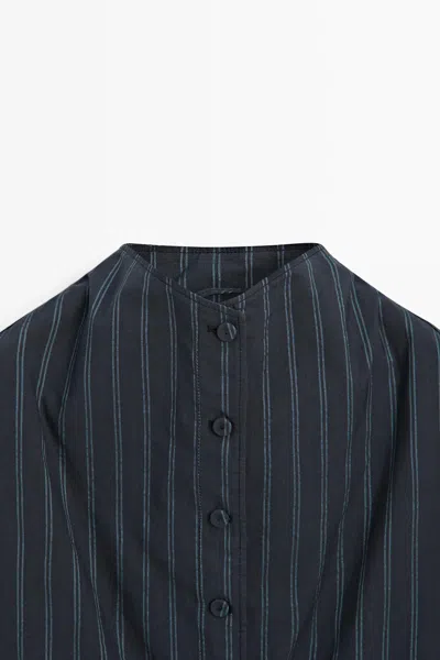 Massimo Dutti Striped High Neck Bomber Jacket In Blue