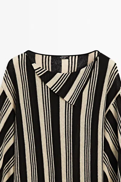 Massimo Dutti Striped Kaftan Knit Sweater In Black