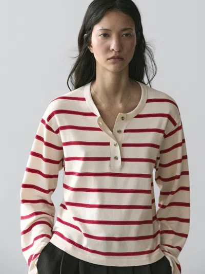 Massimo Dutti Striped Knit Cotton Henley Sweater In Red