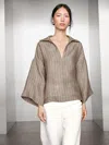 Massimo Dutti Striped Linen Open Neck Blouse In Brown