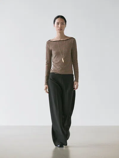 Massimo Dutti Striped Long Sleeve Cotton T In Brown