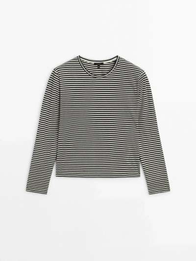 Massimo Dutti Striped Long Sleeve Cotton T-shirt In Black