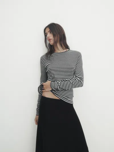 Massimo Dutti Striped Long Sleeve Cotton T-shirt In Schwarz