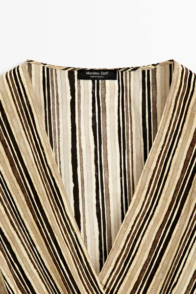 Massimo Dutti Striped Midi Dress With Corset Belt In Neutral