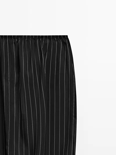 Massimo Dutti Striped Midi Skirt With Gathered Detail In Black
