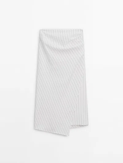 Massimo Dutti Striped Midi Skirt With Pleat Detail In White