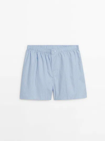 Massimo Dutti Striped Poplin Boxers In Sky Blue