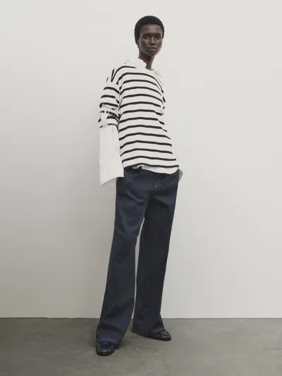 Massimo Dutti Striped Ribbed Sweatshirt With Button-tab Sleeves In Cream