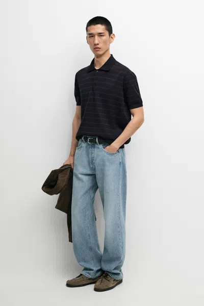 Massimo Dutti Striped Short Sleeve Knit Polo Sweater In Navy Blue