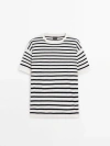 Massimo Dutti Striped Short Sleeve Knit Sweater In Cream