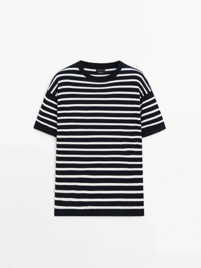 Massimo Dutti Striped Short Sleeve Knit Sweater In Navy Blue