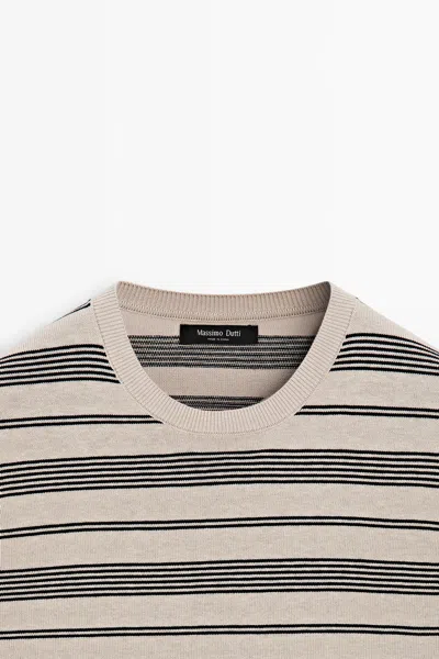 Massimo Dutti Striped Short Sleeve Knit Sweater In Neutral