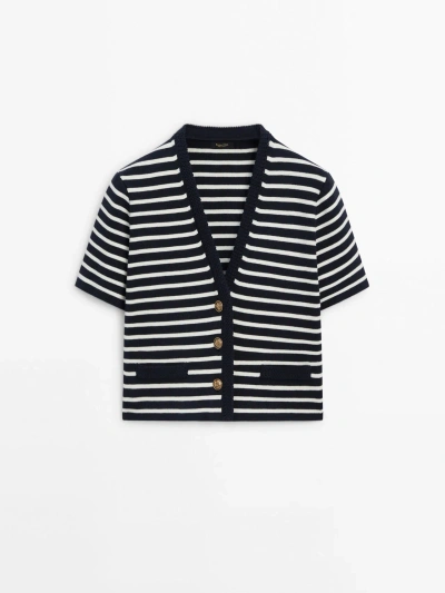 Massimo Dutti Striped Short Sleeve V-neck Cardigan In Blue