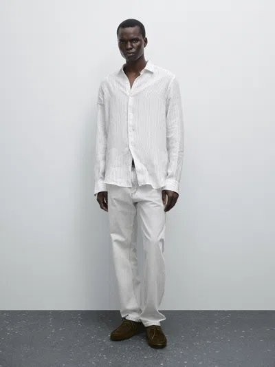 Massimo Dutti Striped Slim Fit Linen Shirt In White