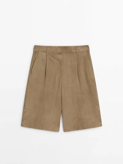 Massimo Dutti Suede Leather Bermuda Shorts In Sand