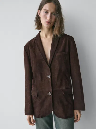 Massimo Dutti Suede Leather Blazer In Brown