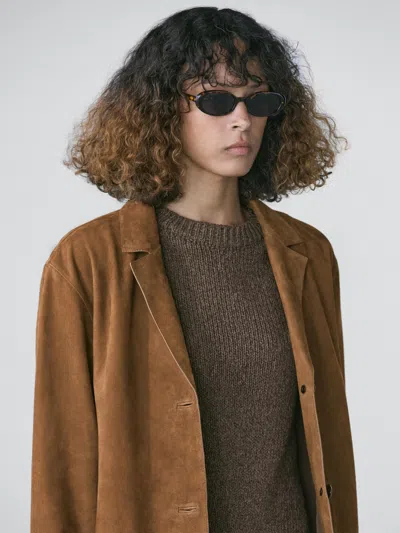 Massimo Dutti Blazer Con Risvolto In Pelle Scamosciata In Brown