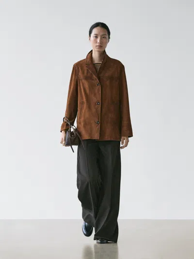 Massimo Dutti Suede Leather Blazer With Pockets In Brown