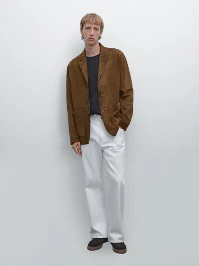 Suede Leather Blazer With Topstitching In Brown from Massimo Dutti