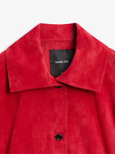 Massimo Dutti Suede Leather Bomber Jacket In Red
