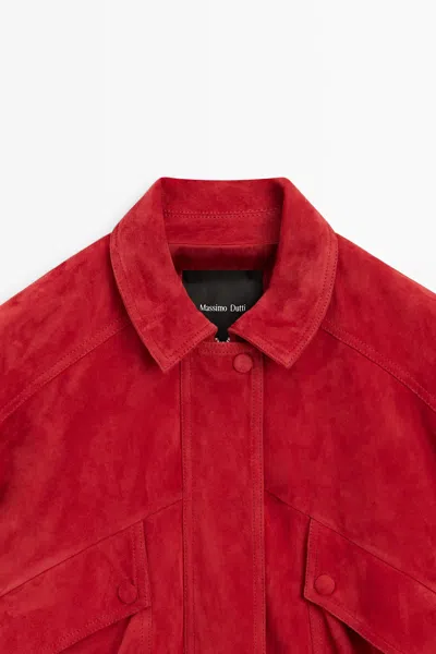 Massimo Dutti Suede Leather Bomber Jacket With Pockets Detail In Red