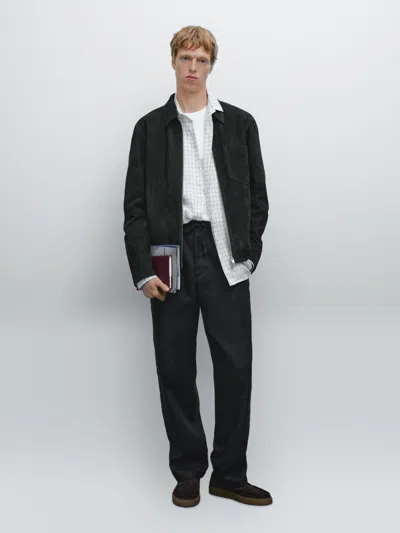 Massimo Dutti Suede Leather Jacket In Blue