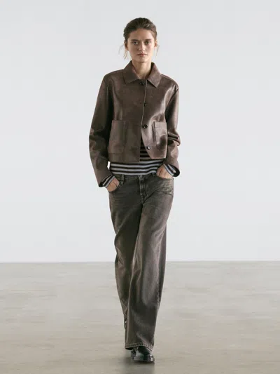 Massimo Dutti Suede Leather Jacket In Brown