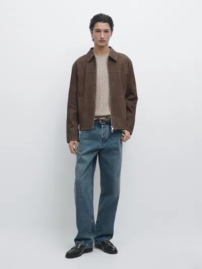 Massimo Dutti Suede Leather Jacket In Brown