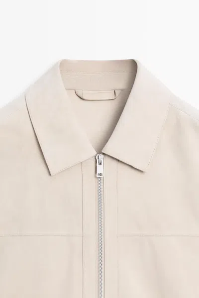 Massimo Dutti Suede Leather Jacket With Collar In Neutral
