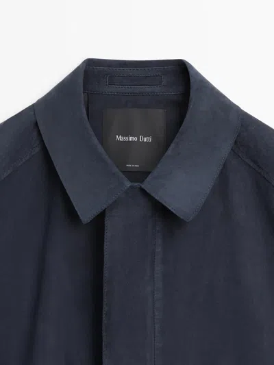 Massimo Dutti Suede Leather Jacket With Pockets In Blue