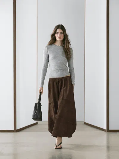 Massimo Dutti Suede Leather Midi Skirt In Brown