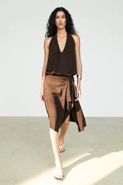 Massimo Dutti Suede Leather Midi Skirt With Ruffle Detail In Brown