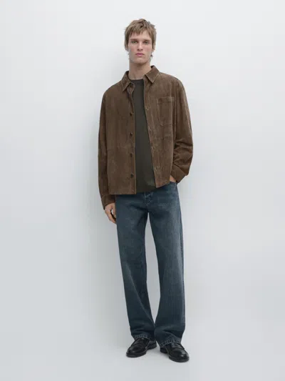 Massimo Dutti Suede Leather Overshirt In Brown