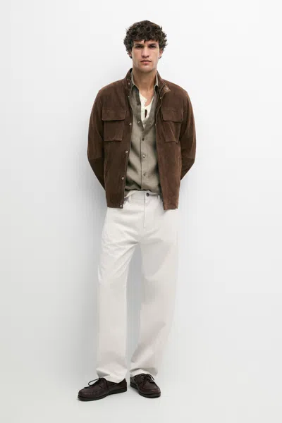 Massimo Dutti Suede Leather Pocket Jacket In Brown